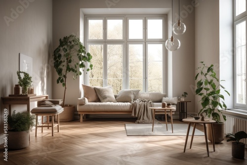 Interior design of the room includes a sofa and work table  a metal lamp  a plant vase  a view of the garden  a central coffee table  a blanket  and a parquet floor. Generative AI
