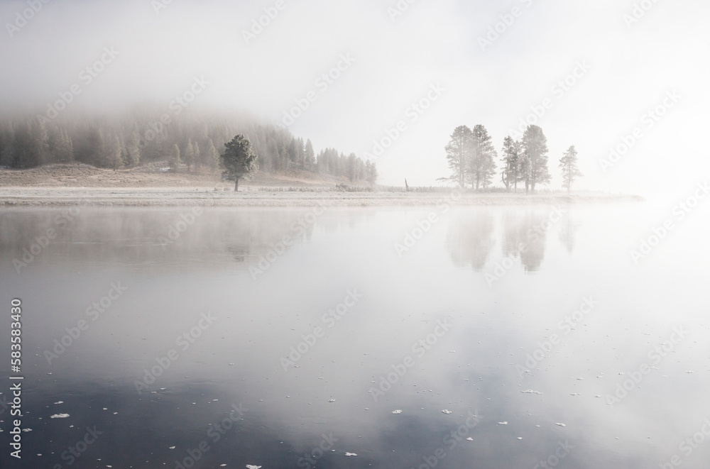 foggy morning over the Yellowstone river, Hayden Valley, Yellowstone National Park, Wyoming, US foggy morning over the Yellowstone river, Hayden Valley, Yellowstone National Park, Wyoming, US