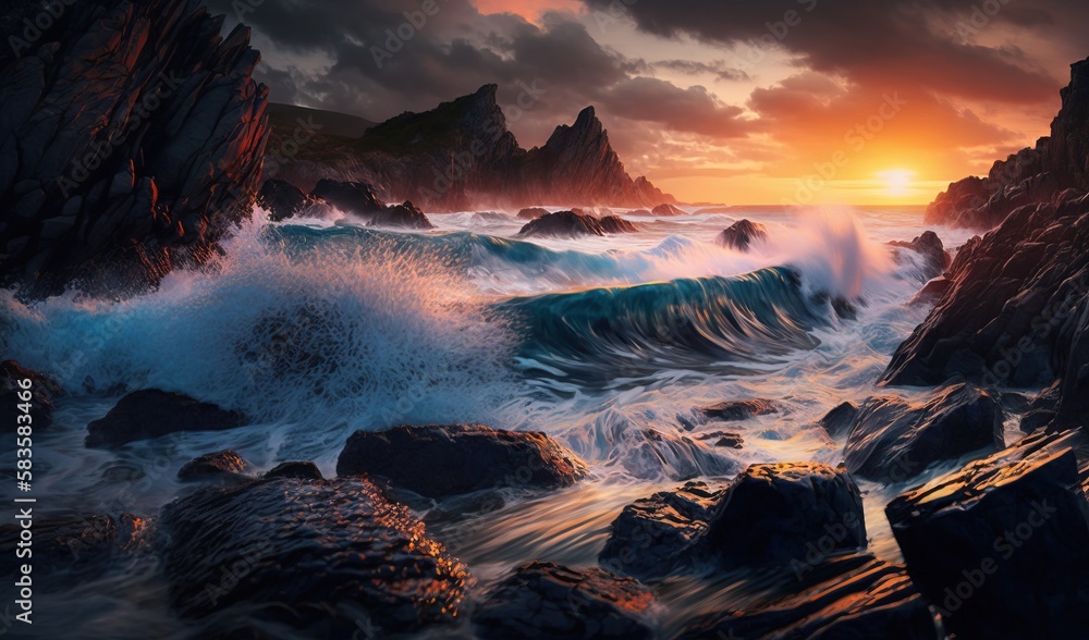  a painting of a sunset over a rocky beach with crashing waves.  generative ai