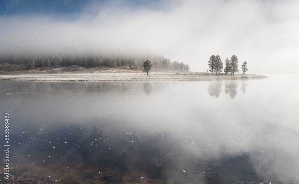Cold, misty morning in Alum creek, Hayden Valley, Yellowstone National Park, Wyoming, US