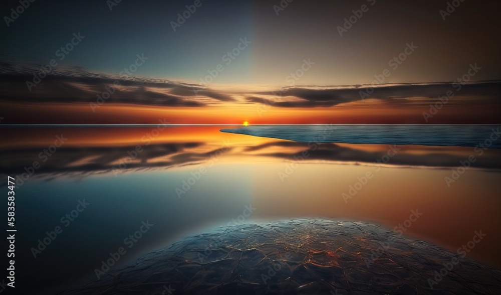 Fototapeta premium the sun is setting over a body of water with a rock in the foreground. generative ai