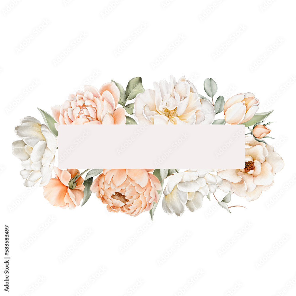 Watercolor floral banner with flowers and leaves. Isolated on white background. Illustration for wedding invitation, save the date or greeting cards.