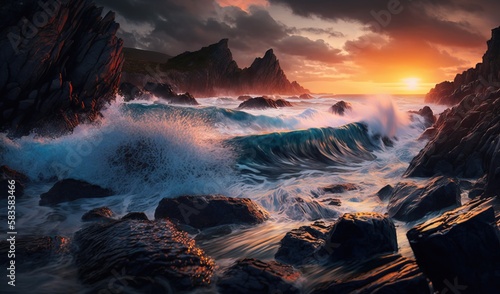  a painting of a sunset over a rocky beach with crashing waves. generative ai