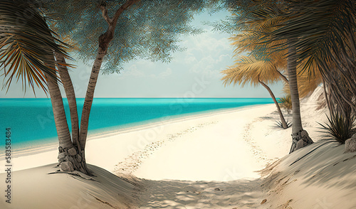  a painting of a beach with palm trees and a bench.  generative ai