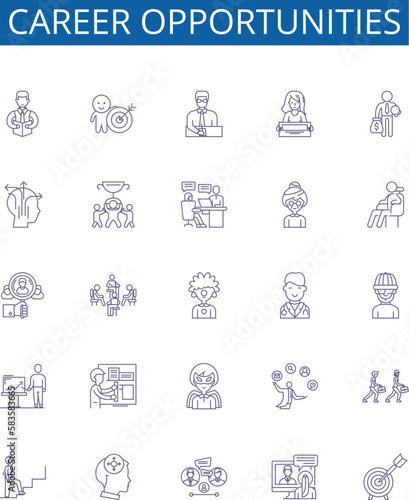 Career opportunities line icons signs set. Design collection of Opportunities, Career, Jobs, Professions, Employment, Advancement, Development, Aspirations outline concept vector illustrations