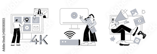 Watch TV abstract concept vector illustration set. UHD smart TV, smart TV box, 4k video content, home entertainment movie theatre, online video service, leisure time, television abstract metaphor.