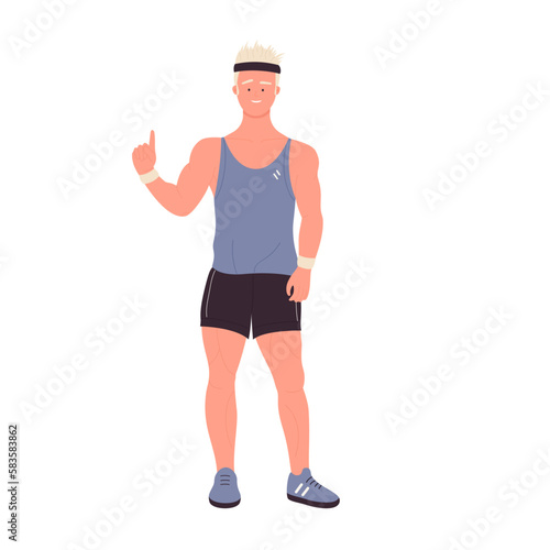 Muscular male trainer pointing finger. Personal training coach, workout program vector illustration