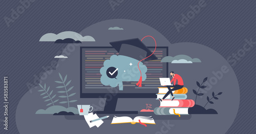 Education technology or edtech for online learning tiny person concept. Digital academic course for university graduation and diploma vector illustration. Smart study from internet library resources.