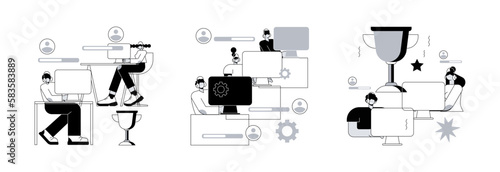 Cybersport abstract concept vector illustration set. E-sport team and tournament, multiplayer video game, esports championship, gaming arena, online sport, player fan support abstract metaphor.