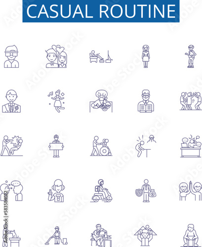 Casual routine line icons signs set. Design collection of Lax, Habitual, Ordinary, Usual, Nonchalant, Everyday, Familiar, Freestyle outline concept vector illustrations