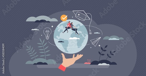 Global education and international knowledge learning tiny person concept. Worldwide experience with distant university seminars or academic study vector illustration. Travel for school graduation.