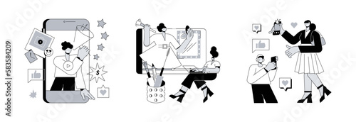 Social media star abstract concept vector illustration set. Vlog, beauty blogger, likes addiction, attract followers and subscription, viral content, social media video platform abstract metaphor.