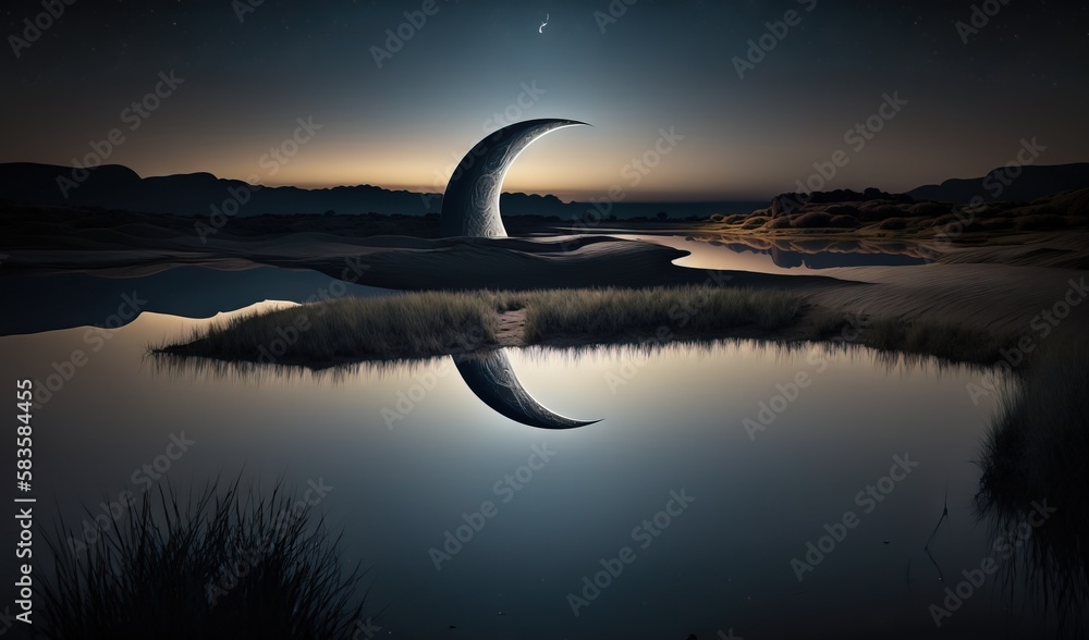 the moon is reflected in the still water of the lake. generative ai the moon is reflected in the still water of the lake. generative ai