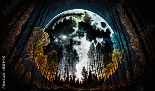  a night scene with a full moon in the sky and trees in the foreground.  generative ai