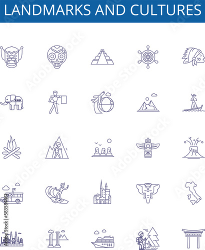 Landmarks and cultures line icons signs set. Design collection of Landmarks, Cultures, Heritage, Sites, Ruins, Attractions, Monuments, Traditions outline concept vector illustrations