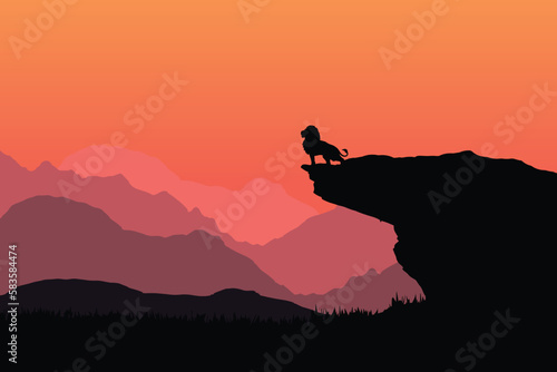 Lion silhouette at sunset vector, lion vector, a majestic pose of a Lion. Lion on a high rock against the backdrop of the jungle.