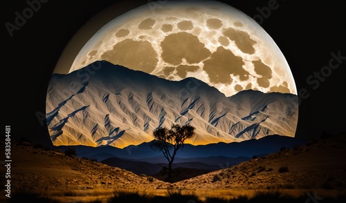  a full moon over a mountain range with a tree in the foreground. generative ai