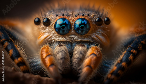 Plano detalle de una araña, haciendo foco en sus ojos y en sus patas. Fondo desenfocado. © Agustín