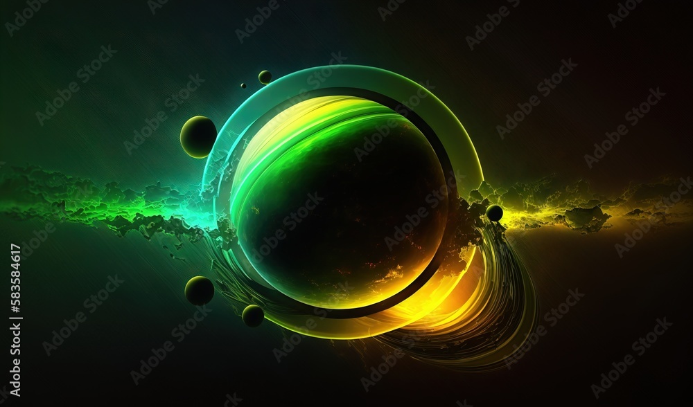  a computer generated image of a green and yellow object with a black background.  generative ai