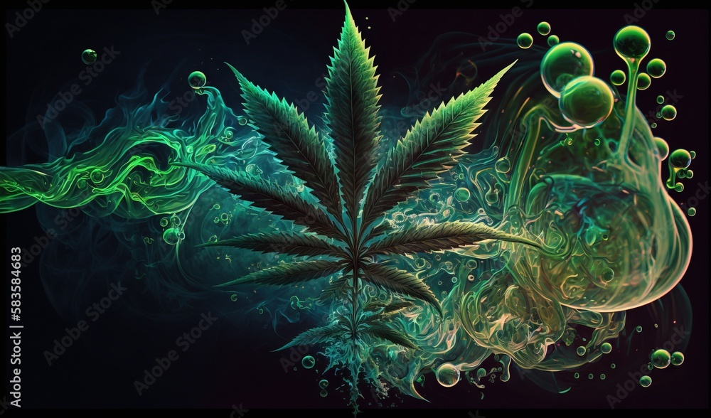 a marijuana plant is surrounded by bubbles and bubbles of liquid. generative ai a marijuana plant is surrounded by bubbles and bubbles of liquid. generative ai