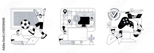 Digital gaming abstract concept vector illustration set. Sports games, video game walkthrough, cross-platform play, console playing, online multiplayer, e-sport league, streaming abstract metaphor.