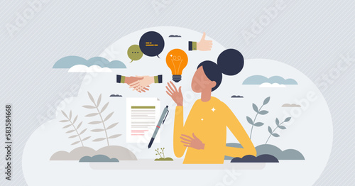 Soft skills as ability to successful communication tiny person concept. Work project representation with competence, empathy and emotional intelligence vector illustration. Personality for business.