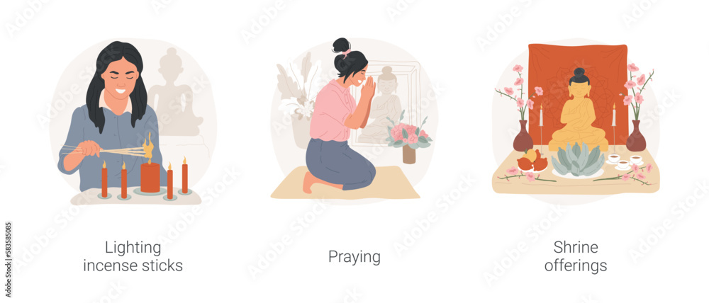 Buddhist rituals isolated cartoon vector illustration set. Lighting ...