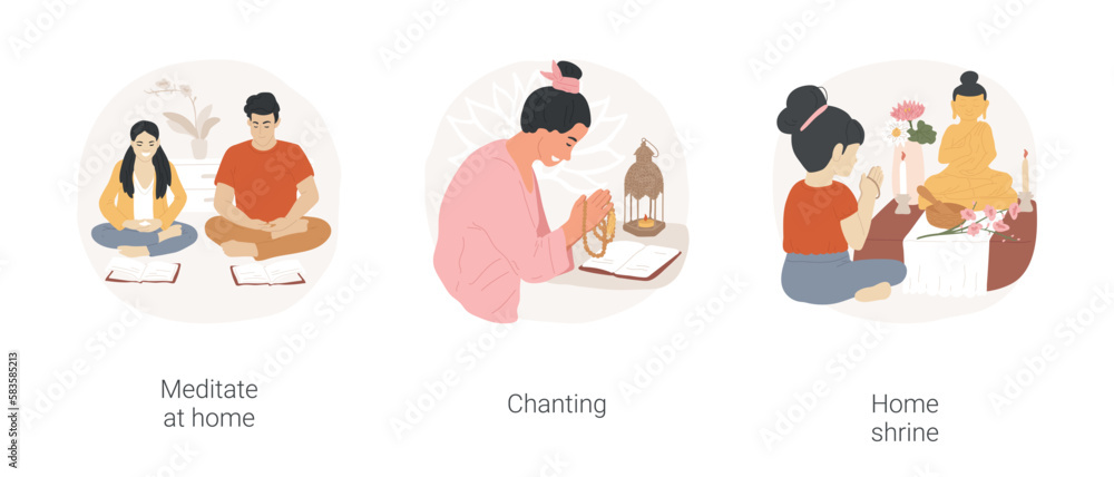 Fototapeta premium Buddhist daily rituals isolated cartoon vector illustration set. Buddhist couple meditate together, woman sitting with a book and chanting, little girl praying at home shrine vector cartoon.