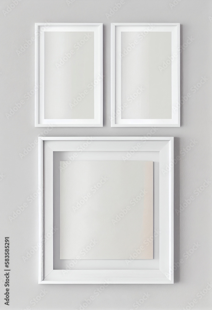 Set of three white portrait picture frame mockups, AI Generated Set of three white portrait picture frame mockups, AI Generated
