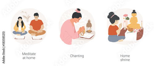 Buddhist daily rituals isolated cartoon vector illustration set. Buddhist couple meditate together, woman sitting with a book and chanting, little girl praying at home shrine vector cartoon.