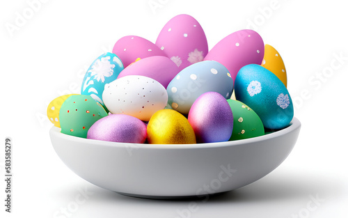 Eggs on white background. Painted Decorative Easter Eggs for Easter day celebration. Holiday Banner for Easter egg hunt. Generative AI 