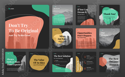 Social media post templates set with cityscape vector illustration on background. Square Instagram posts layouts for personal blog.