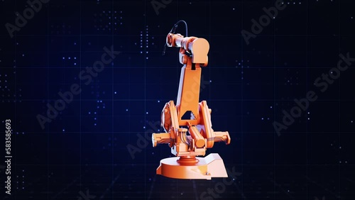 Industrial robotic arm, on a digital background. Modern heavy industry, technology and machine learning. Loop video 4k. 3D rendering