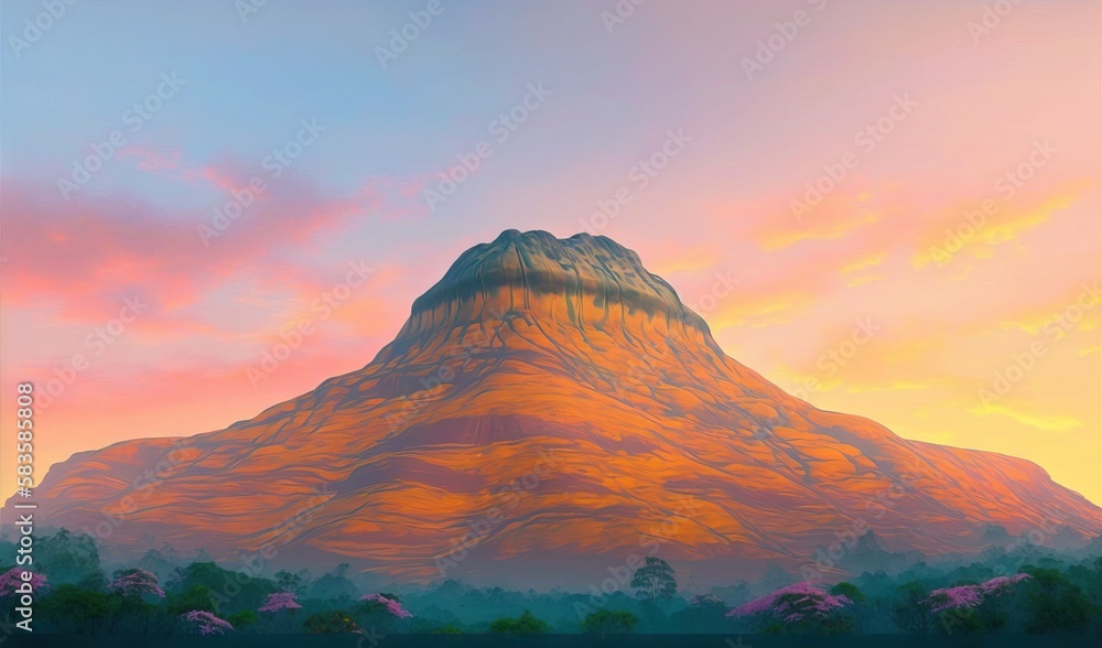 a painting of a mountain with a pink sky in the background. generative ai a painting of a mountain with a pink sky in the background. generative ai