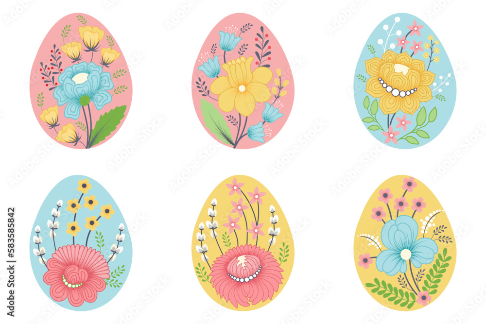 Easter egg with flowers set. Holiday vector illustration