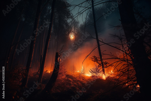 Forest fire, flames and smoke among the trees.Generative AI