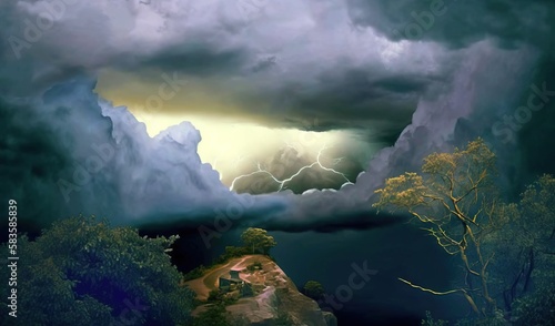  a painting of a storm coming in over a river and trees. generative ai