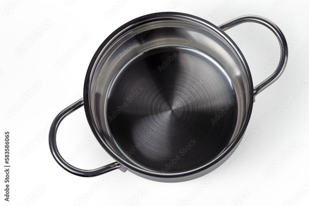 A stainless steel casserole isolated on white background. View from above. A stainless steel casserole isolated on white background. View from above.