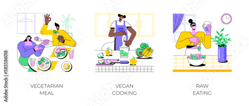 Nutrition plan isolated cartoon vector illustrations set. People sharing vegetarian food, sporty girl cooking vegan dish in the kitchen, smiling woman eating raw vegetable salad vector cartoon.