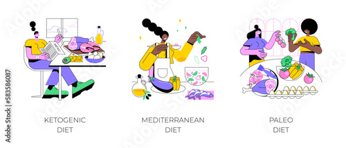 Nutrition and dieting isolated cartoon vector illustrations set. Ketogenic diet, eating high fat dish, preparing Mediterranean meal, paleo nutrition plan, protein food, weight loss vector cartoon. photo