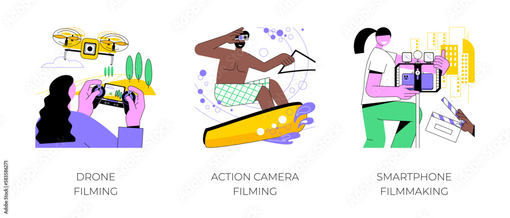 Filmmaking as a hobby isolated cartoon vector illustrations set. Aerial videography, control drone, shooting video, using action camera, filming with smartphone, creative activity vector cartoon.