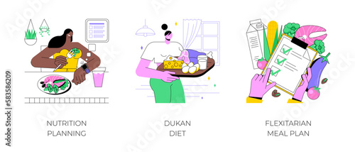 Nutrition planning isolated cartoon vector illustrations set. Intermittent fasting, woman eating and looking at watch, Dukan diet, protein-rich meal, flexitarian plan, food variety vector cartoon.