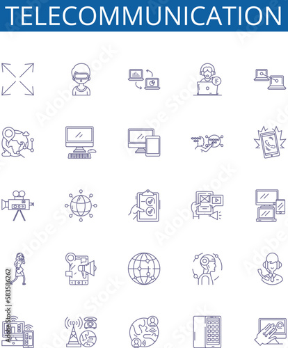 Telecommunication line icons signs set. Design collection of Telecom, Networking, Communication, Transmission, Wireless, VoIP, Radio, Antenna outline concept vector illustrations