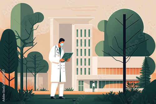 Doctor holding clipboard in front of hospital building, medical concept, digital art, World Health Day photo