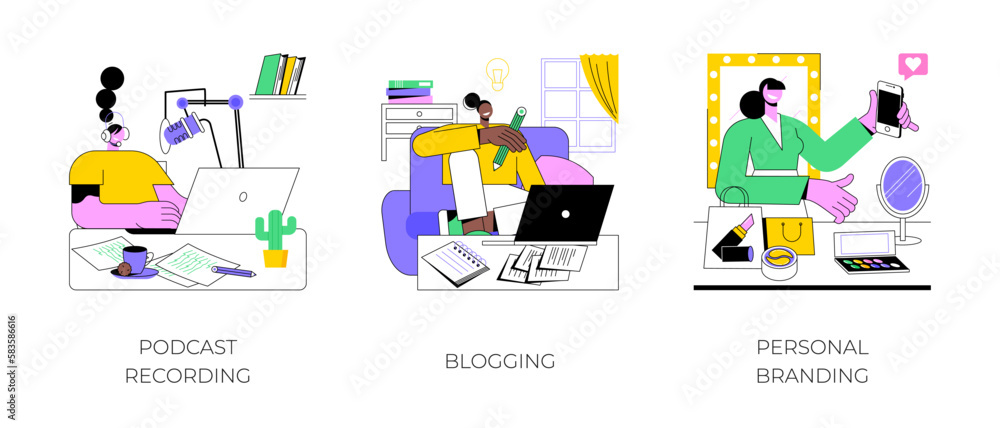 Blogger life isolated cartoon vector illustrations set. Recording podcast, using microphone, blogging, writing new post, create personal brand, content creation, become influencer vector cartoon. Blogger life isolated cartoon vector illustrations set. Recording podcast, using microphone, blogging, writing new post, create personal brand, content creation, become influencer vector cartoon.