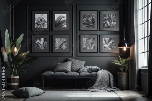 Monochromatic black and dark gray color gallery wall with a meditation bed and plants, five frames on the wall, and flat color interior space for poster showcase. Generative AI © 2rogan