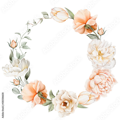 Watercolor floral wreath of white, peach, pink flowers, green leaves. Illustrations, isolated on white background for wedding invitations, postcards photo