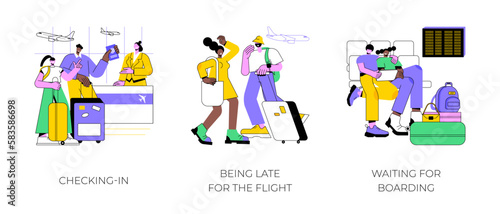 Traveling by plane isolated cartoon vector illustrations set. Smiling couple does luggage check-in, being late, missing a flight, waiting for boarding to a plane, departures hall vector cartoon.