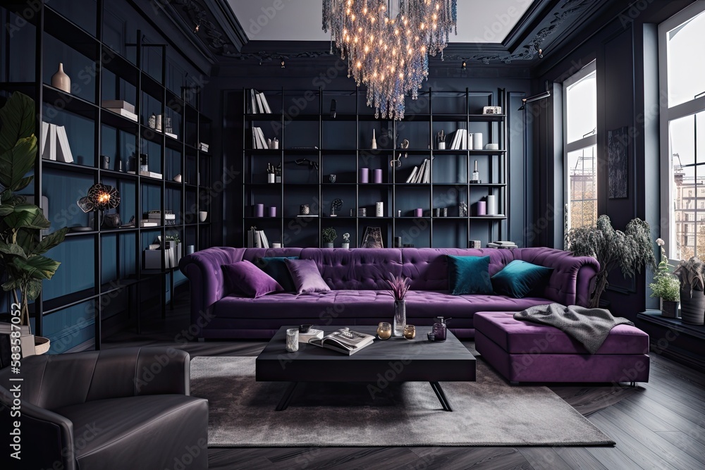 living room painted in purple and black. A vibrant emphasis is provided ...