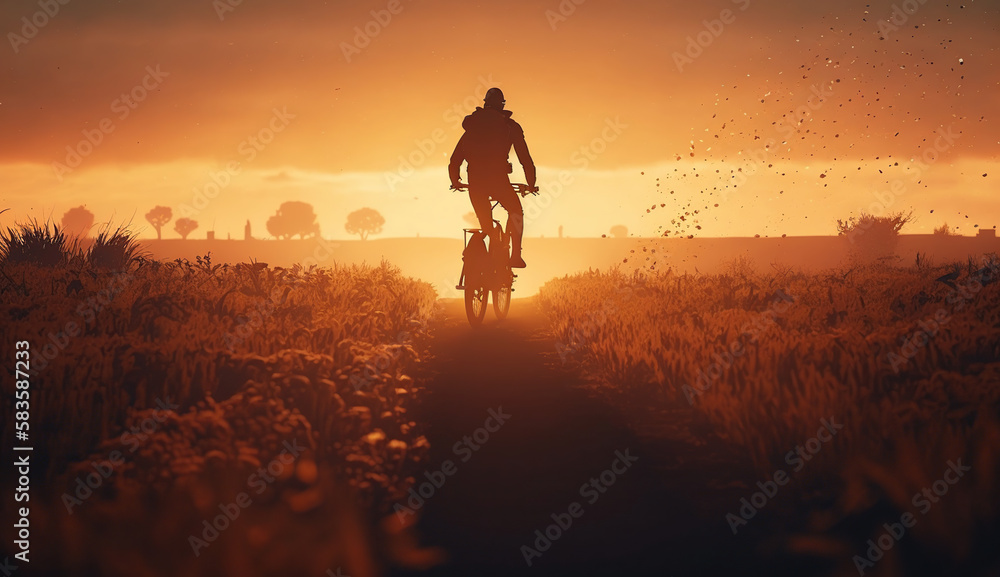 a man ride a bicycle at sunset with sunbeam over silhouette trees background